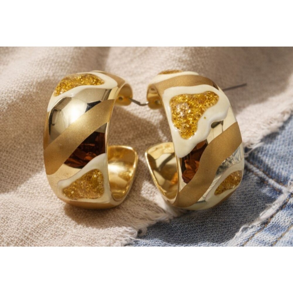 Vintage 1980s Chunky Gold Tone Hoop Earrings Bold Statement Abstract Resin
